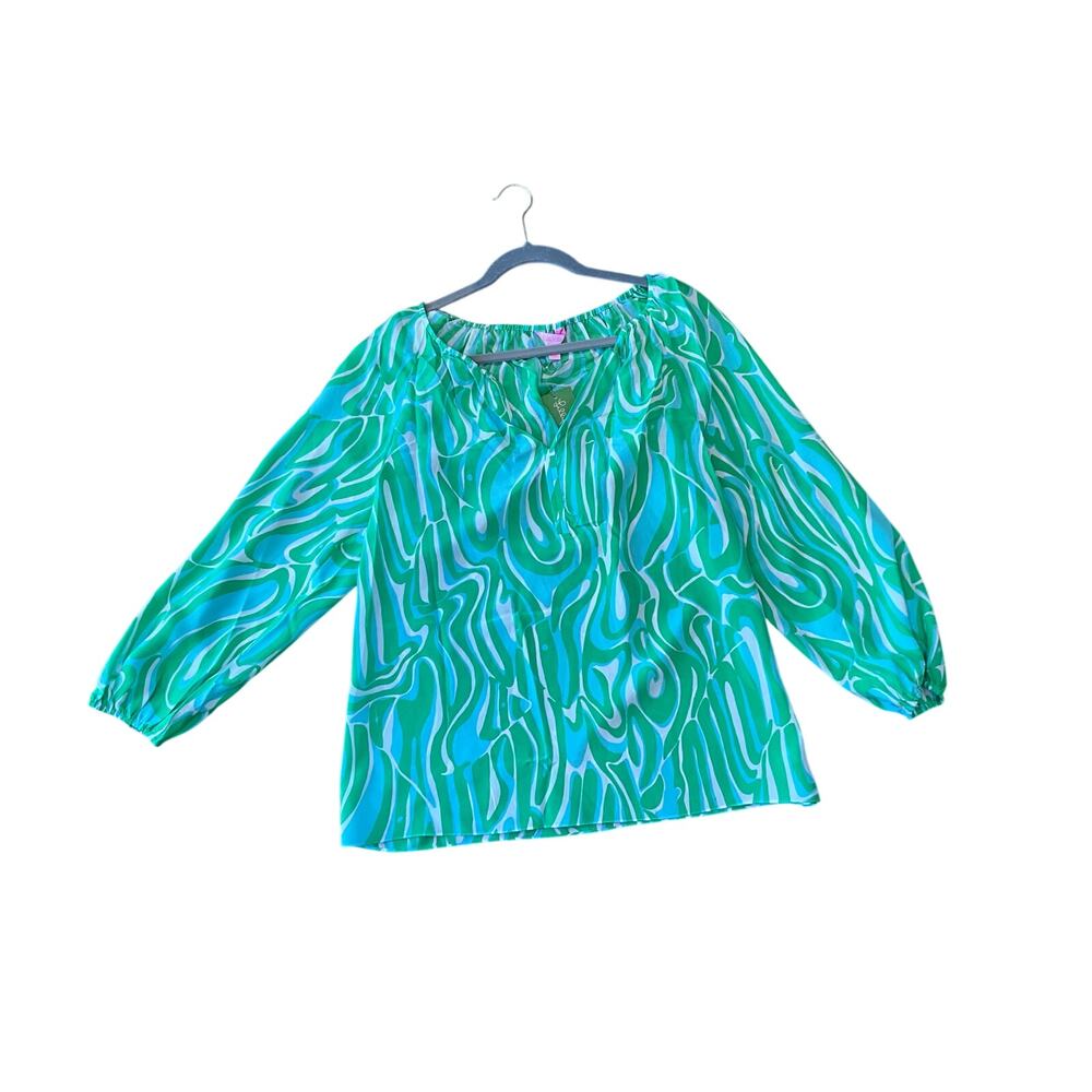 Lilly Pulitzer Finders Keepers Sarabeth Blouse Top Womens L Green White V Neck